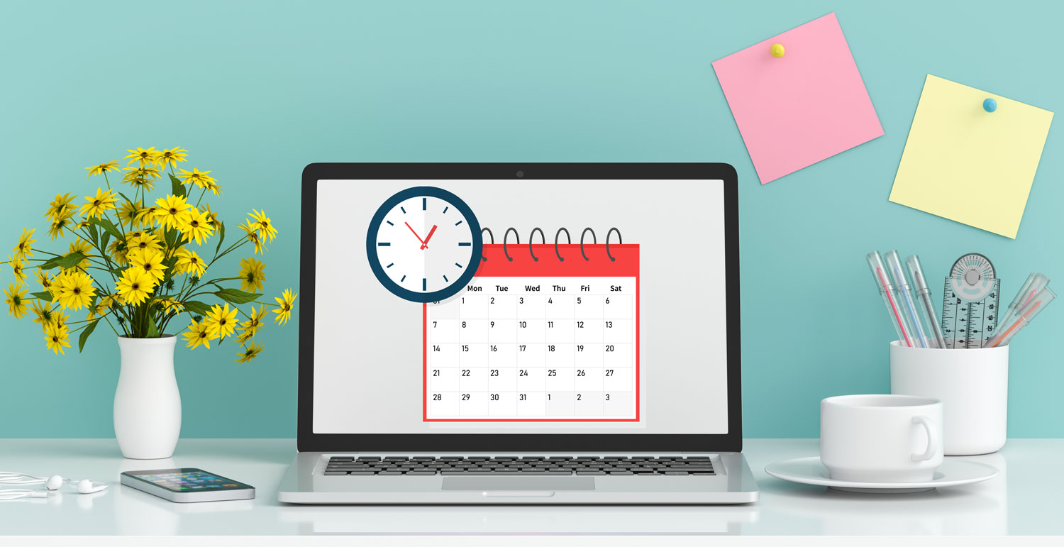 Illustration of an organized desk with a laptop displaying a clock and a calendar on the screen