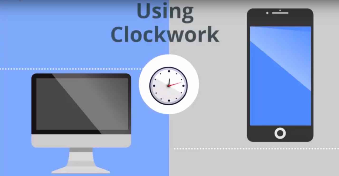 Using Clockwork. Image of a computer screen, a clock, and a smartphone