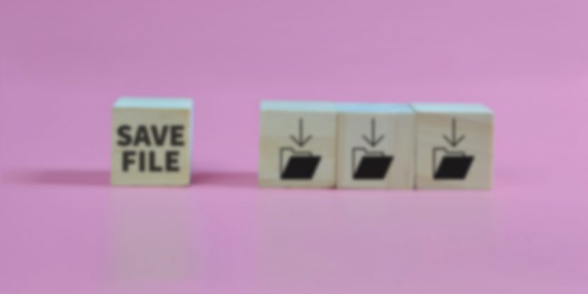 Wooden blocks with the words "save file" and download icons.