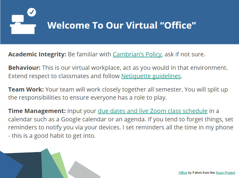 Screenshot of virtual office slide explaining classroom expectations