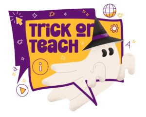 Trick or Teach logo. Ghost in witch hat floating in front of two speech bubbles.