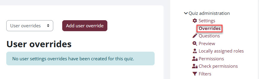 A screenshot of where to find the user override settings in Moodle.