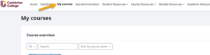 Screenshot of Cambrian College's Moodle portal with an arrow pointing to the “Dashboard” link in the top navigation bar