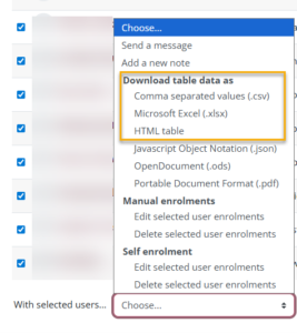 Screenshot of a dropdown menu highlighting the options to download table data as CSV, Excel, or HTML