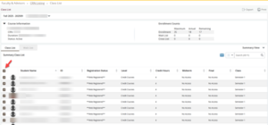 Screenshot of a class list with red arrow pointing to selection box