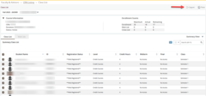 Screenshot of a class list with red arrow pointing to export option