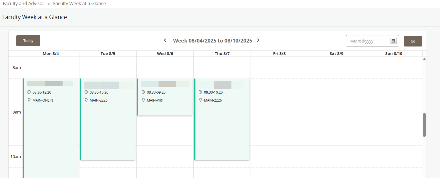 Screenshot of the week at a glance view in myCambrians faculty dashboard.