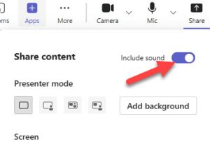A screenshot of the Include sound option in Teams meeting settings.