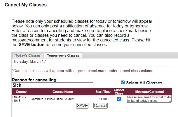 Image of the class cancellation window.