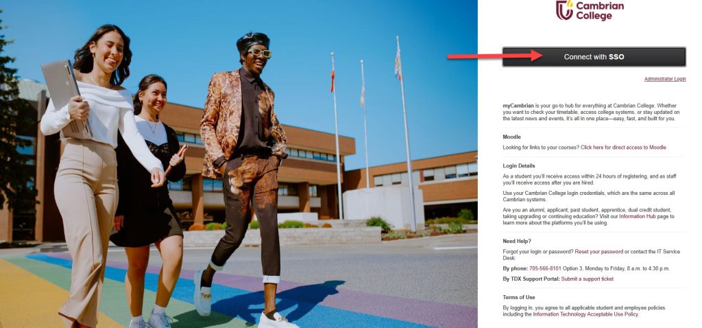 Screenshot of the myCambrian login page with an arrow pointing to the Connect with SSO.