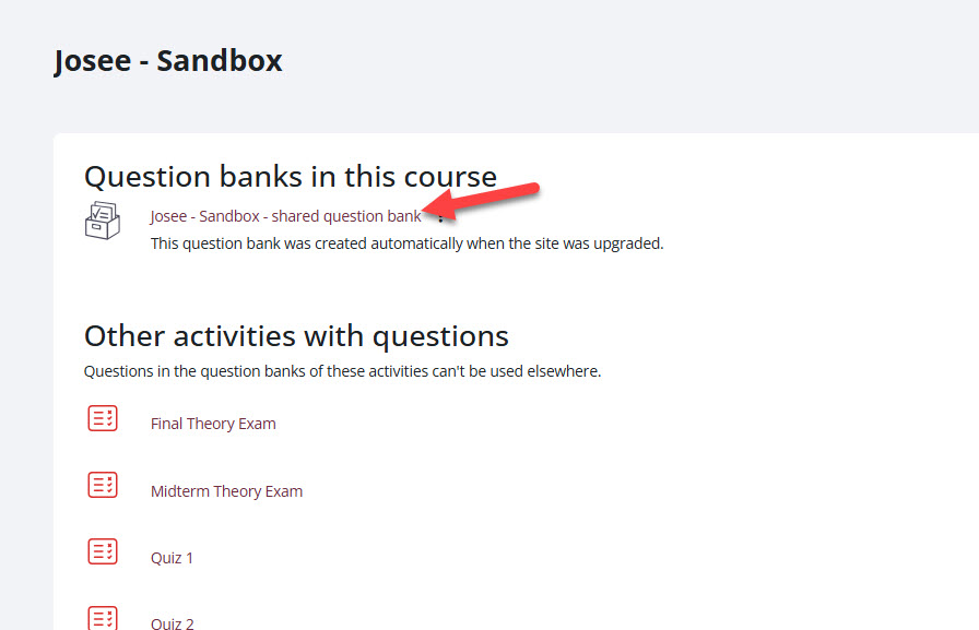 Screenshot of the course level question banks in Moodle 5.1