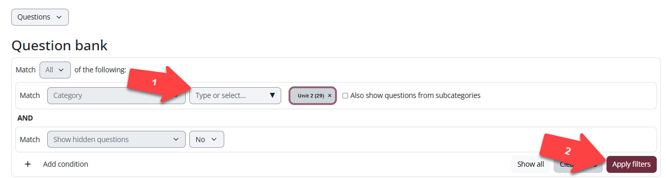 Screenshot of how to filter by categories in the Moodle question banks
