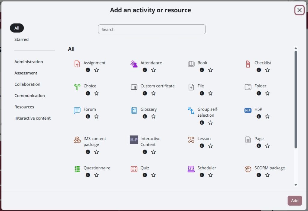 Screenshot of the Activity Chooser in Moodle 5.1