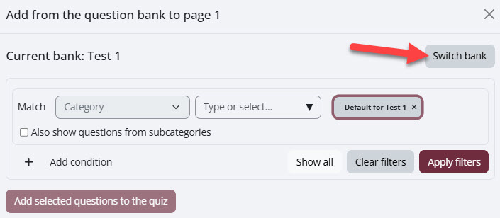A screenshot of the add a question from a question bank page in Moodle.