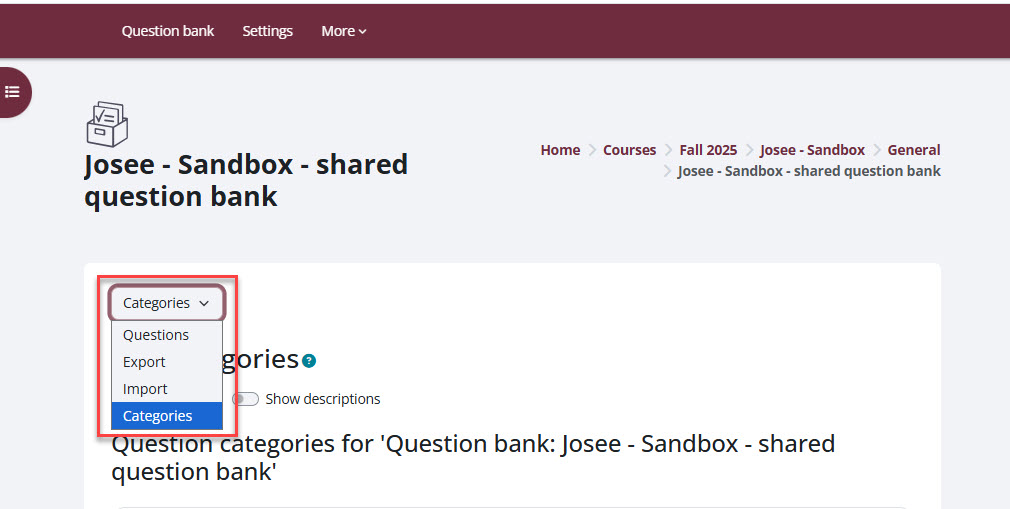 Screenshot of the course bank drop down menu in Moodle 5.1