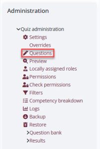 Screenshot of the quiz administration menu with Questions circled 